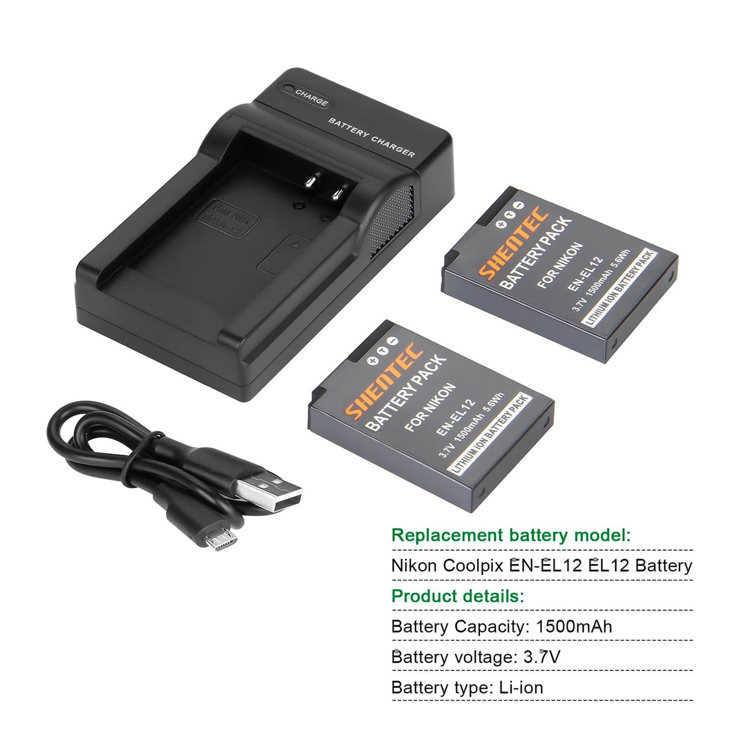 SHENTEC Li-ion EN-EL12 EL12 Battery Charger for Nikon Coolpix