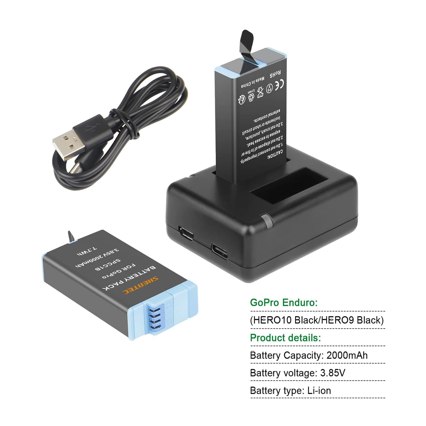 SHENTEC 3.85 V, 2000 mAh Li-Ion for GoPro Enduro Battery