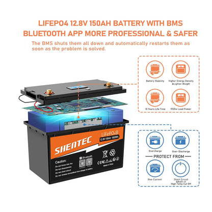 SHENTEC LiFePO4 150Ah Bluetooth Lithium Battery Built-in 150A BMS